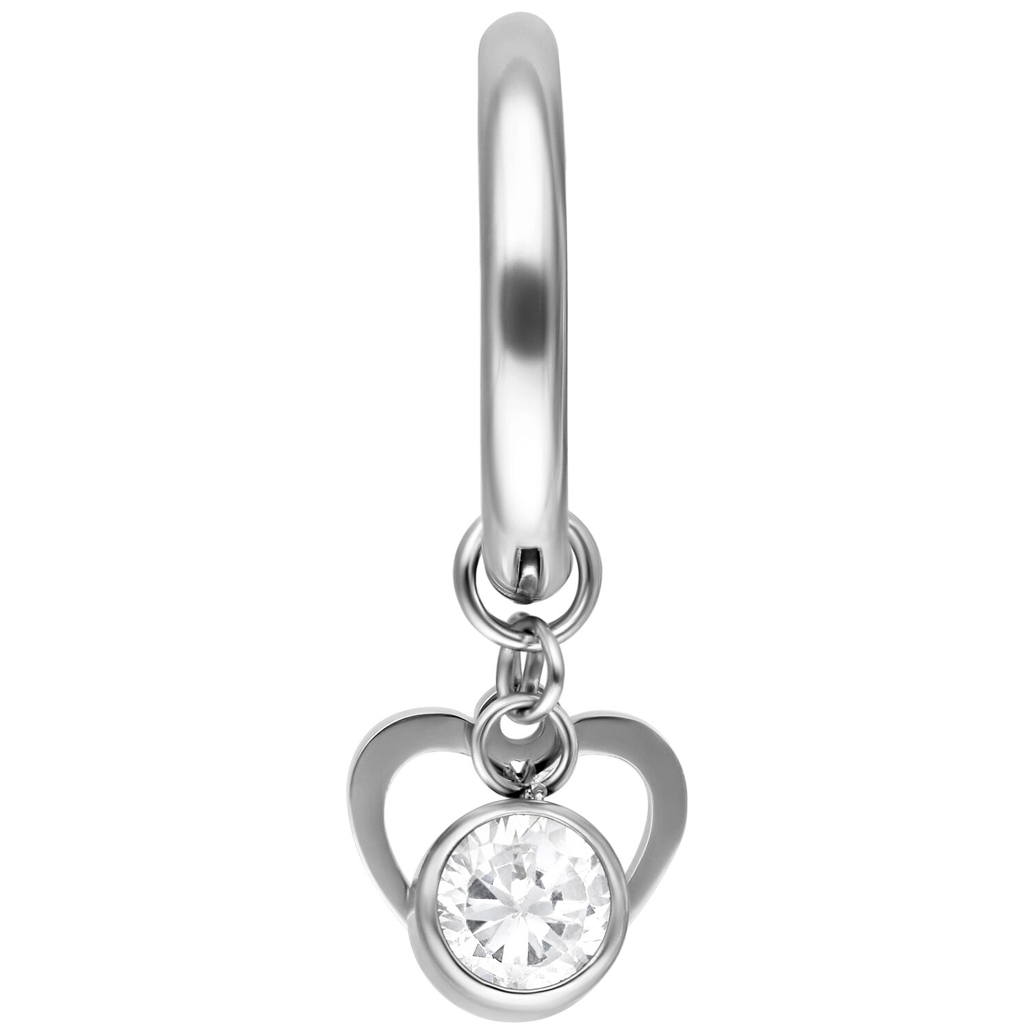 Orecchino argento con mini cuore e pendente di cristallo su sfondo bianco