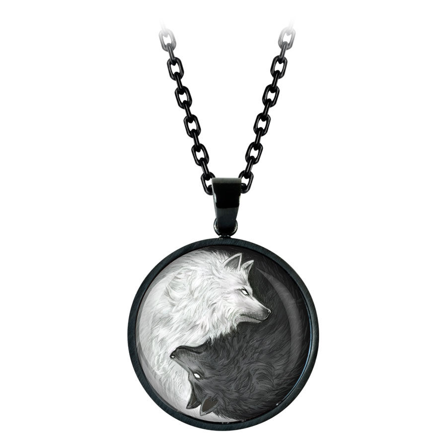Collana rotonda con motivo di lupi neri e bianchi, acciaio nero