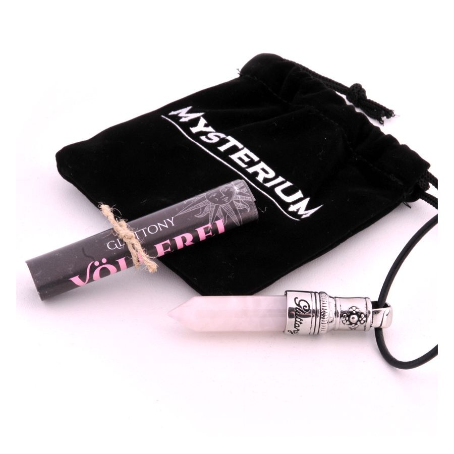 Collana Gluttony con pietra rosa, montatura in argento e cordino in pelle nera