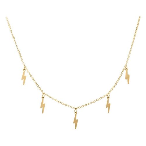Collana dorata con ciondoli a forma di fulmine su sfondo bianco
