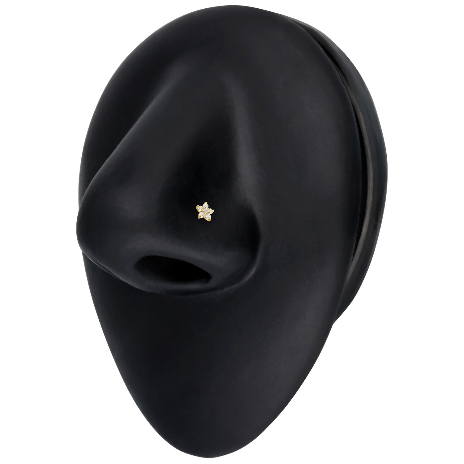Piercing al naso in oro con fiore di moissanite su sfondo nero