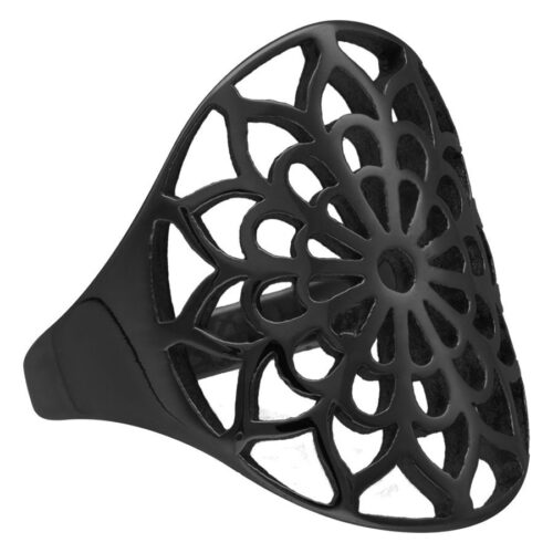 Anello Boho nero con motivo floreale in acciaio chirurgico, misura 17 mm