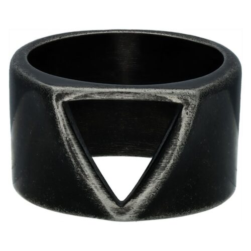 Anello nero con design triangolare vintage su sfondo bianco