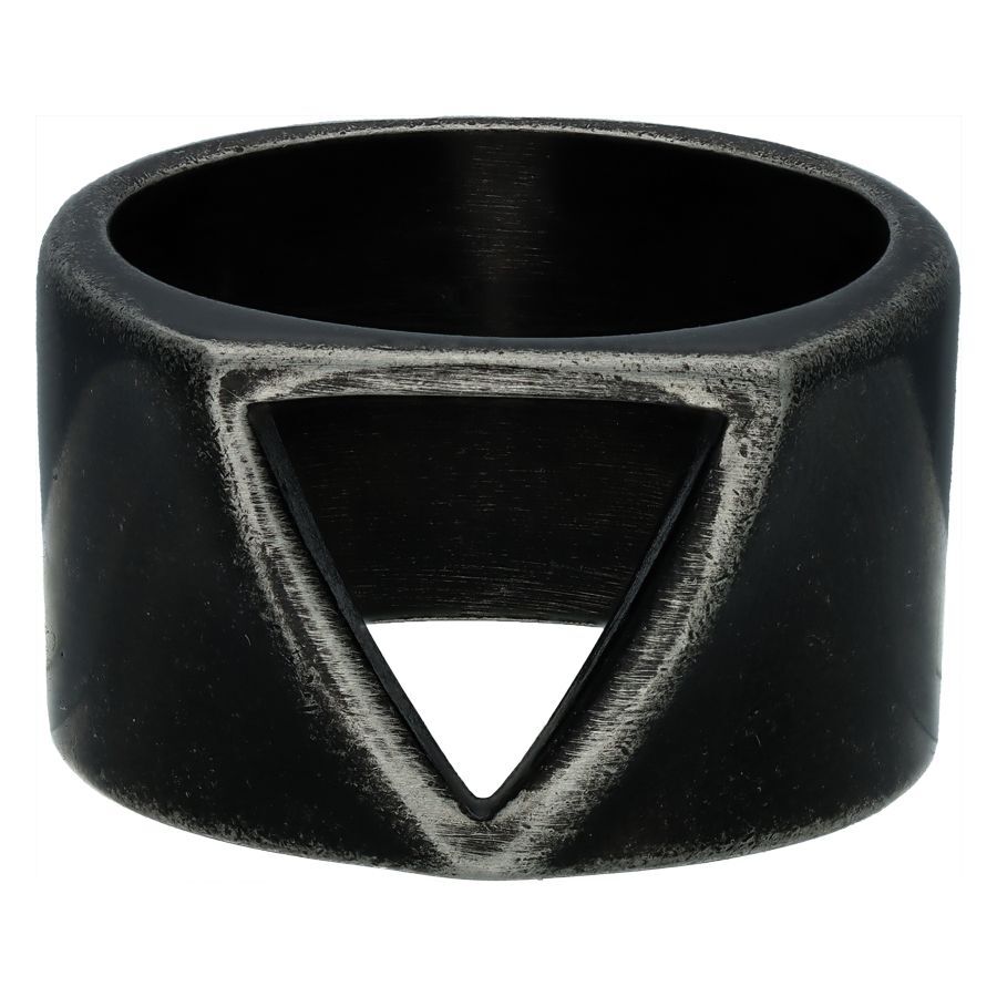 Anello nero con design triangolare vintage su sfondo bianco