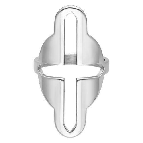 Anello d'argento in acciaio chirurgico con design a croce su sfondo bianco