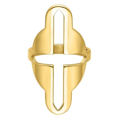 Anello d'oro con grande intaglio a croce, misura 17 mm, su sfondo bianco