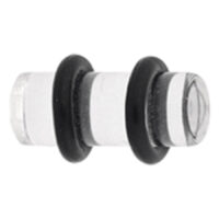 Plug in PMMA trasparente con due O-ring neri su sfondo bianco