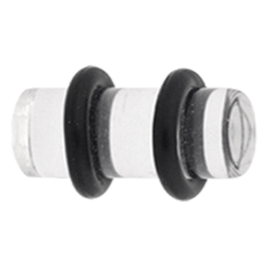 Plug in PMMA trasparente con due O-ring neri su sfondo bianco