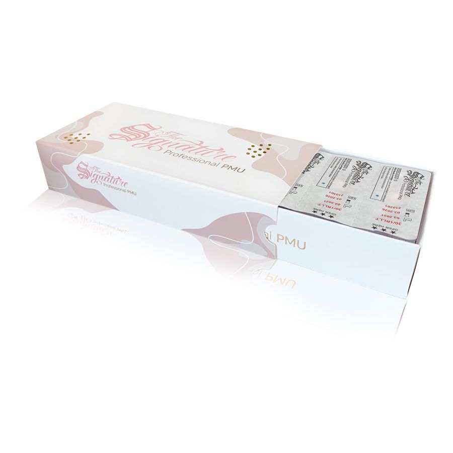 Scatola bianca con Premium PMU Round Liner Cartridges su sfondo chiaro