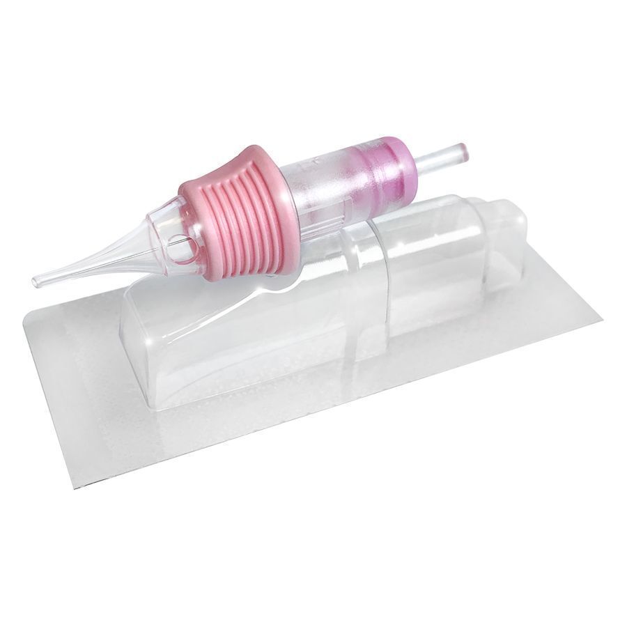 Cartuccia PMU rosa e trasparente su sfondo bianco