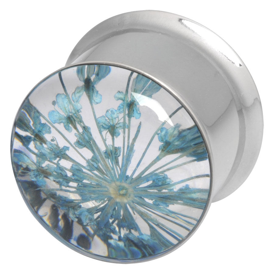 Plug argentato con decorazione floreale blu e inserto in vetro trasparente su sfondo bianco