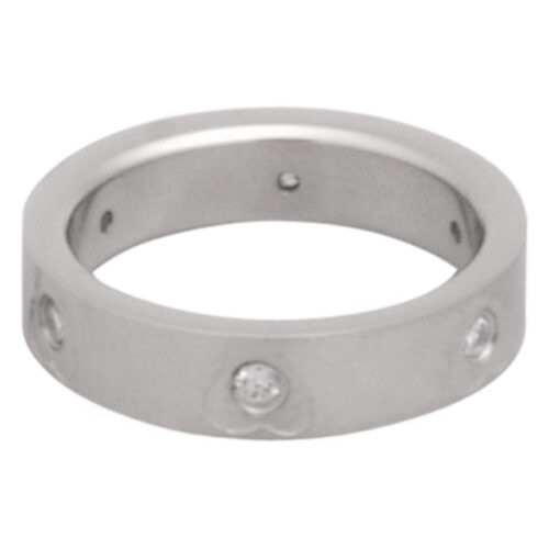 Anello d'argento in acciaio chirurgico con cristalli chiari su sfondo bianco