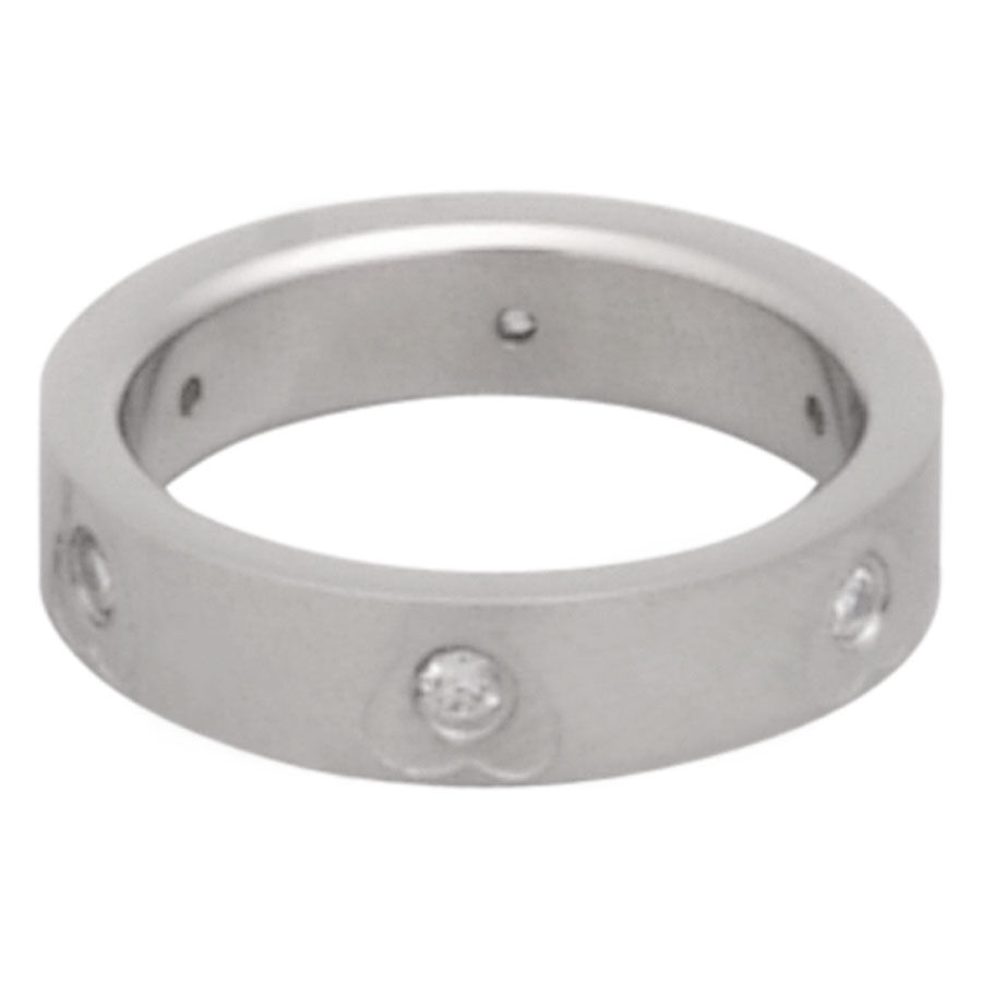 Anello d'argento in acciaio chirurgico con cristalli chiari su sfondo bianco