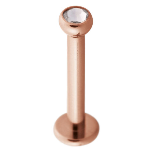 Labret in oro rosa in acciaio chirurgico con sfera di cristallo chiaro su sfondo bianco