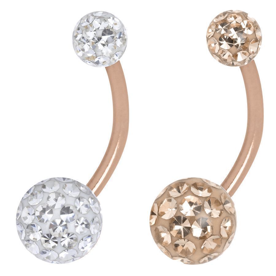 Due bananabell in acciaio chirurgico con decorazione di cristalli in albicocca e cristallo chiaro su sfondo bianco