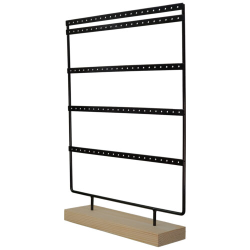 Display in metallo nero per orecchini su base in legno, autoportante