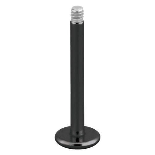 Piercing Labret nero con filettatura esterna in acciaio chirurgico su sfondo bianco