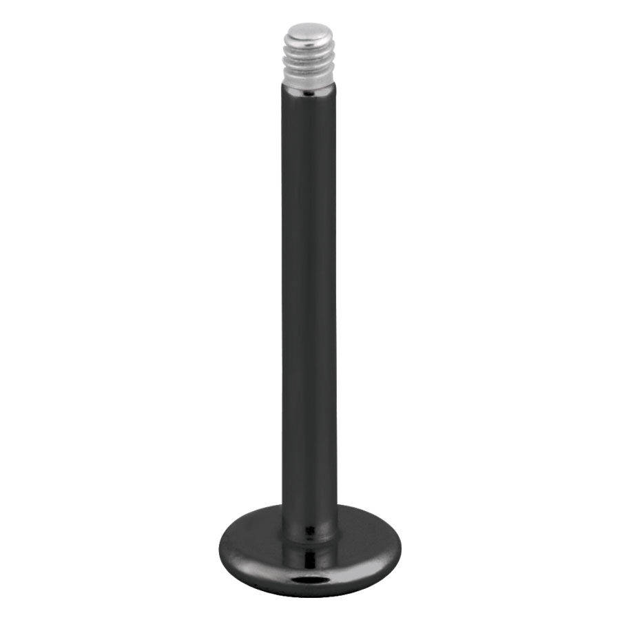 Piercing Labret nero con filettatura esterna in acciaio chirurgico su sfondo bianco