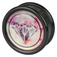 Plug nero con motivo a diamante Plug in PMMA nero con motivo a diamante rosa e nero su sfondo bianco
