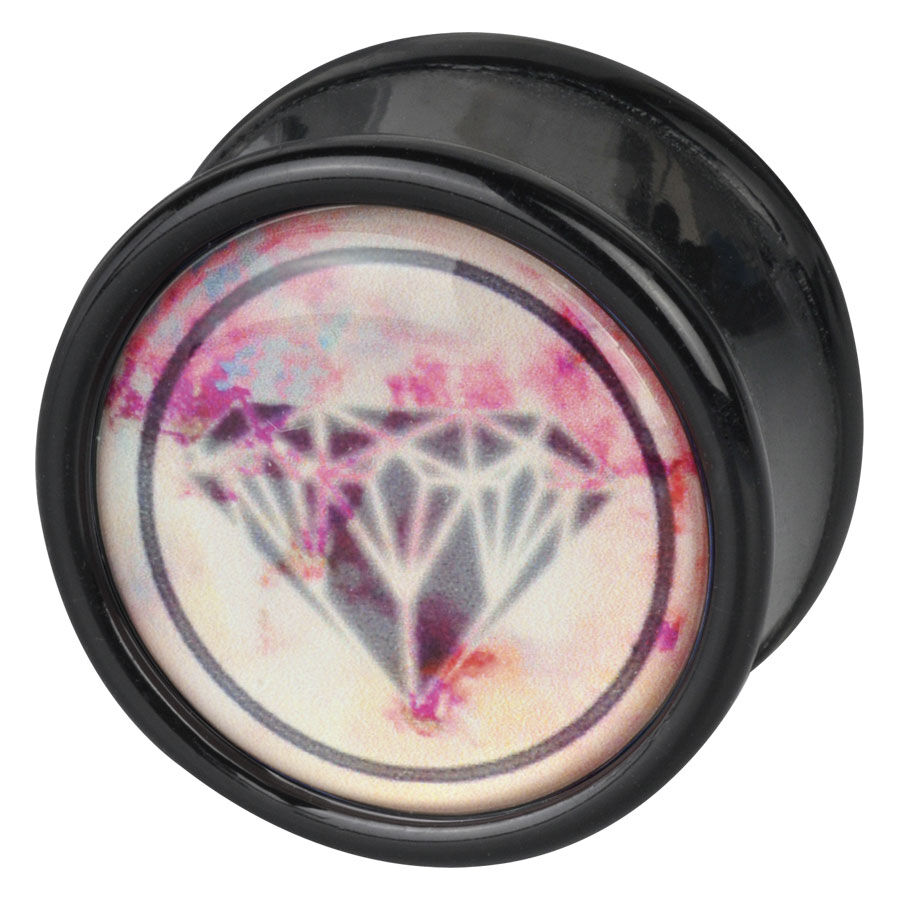 Plug nero con design a diamante Plug nero rotondo con motivo a diamante rosa su sfondo bianco
