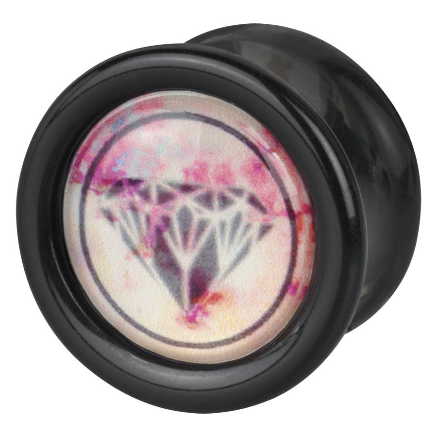 Plug nero con design a diamante Plug nero rotondo con motivo a diamante rosa su sfondo bianco