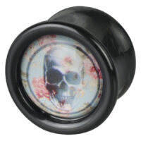 Tappo Skull Roses nero con motivo floreale Tappo nero con motivo a teschio e rose su sfondo chiaro