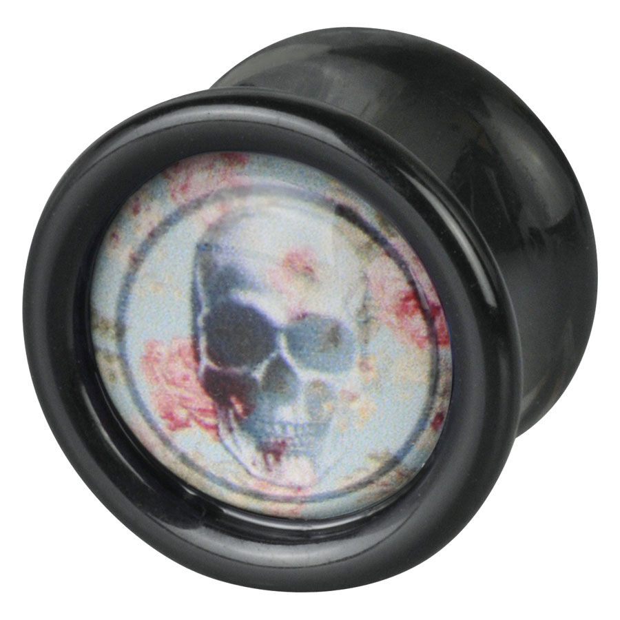 Tappo Skull Roses nero con motivo floreale Tappo nero con motivo a teschio e rose su sfondo chiaro
