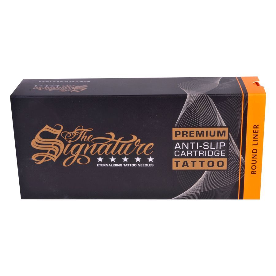 Round Liner Cartridges in scatola nera Confezione nera con scritta dorata 'The Signature' e bordo arancione, su sfondo bianco