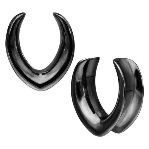 Ear Saddles ovali nere in acciaio chirurgico, 30 mm, su sfondo bianco
