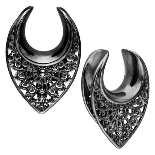 Oriental Ear Saddles nere in metallo con motivi filigranati, misura 25mm