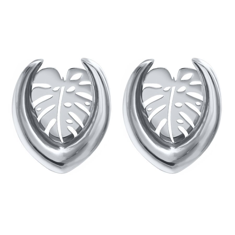 Orecchini color argento a forma di Monstera, 6,0 mm, su sfondo bianco