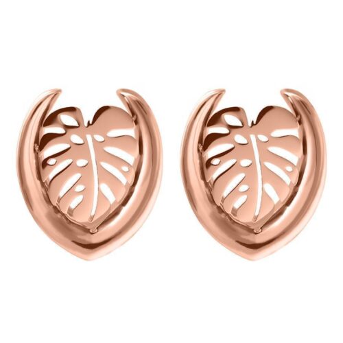 Ear Saddles in oro rosa a forma di Monstera, dimensione 30,0 mm su sfondo bianco