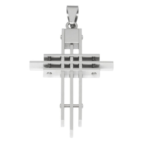 Ciondolo a croce in acciaio chirurgico 316L argento su sfondo bianco