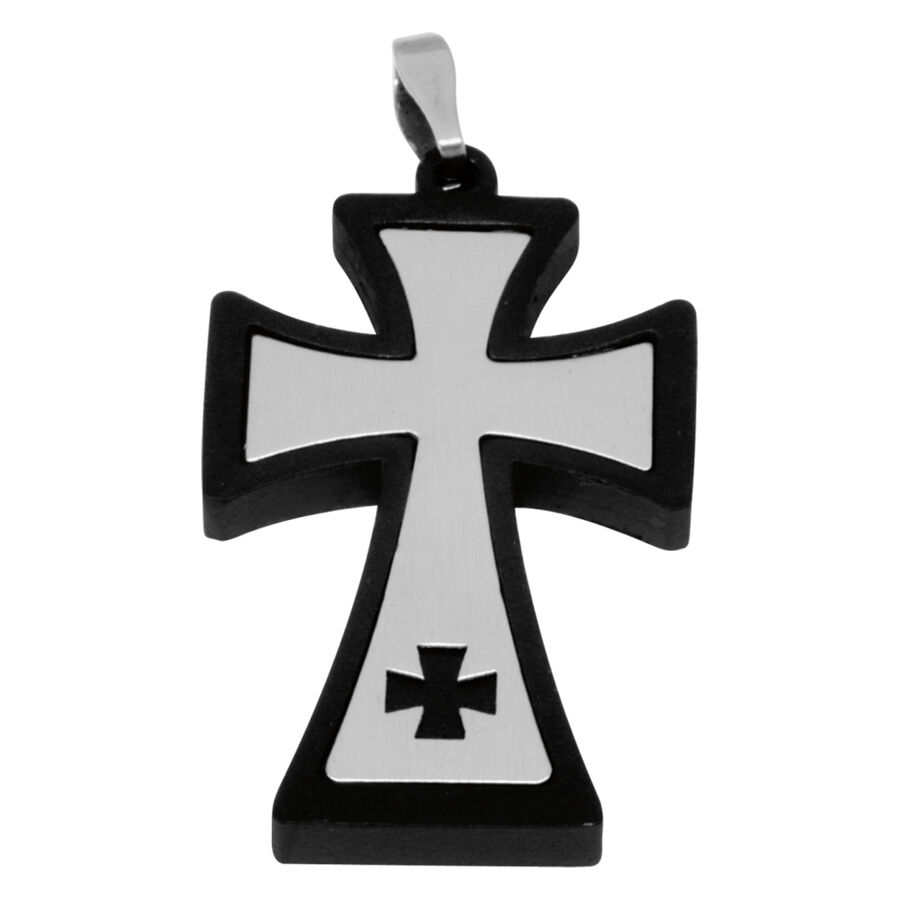 Ciondolo a croce in acciaio chirurgico argentato Ciondolo a croce argentato con bordo nero su sfondo bianco
