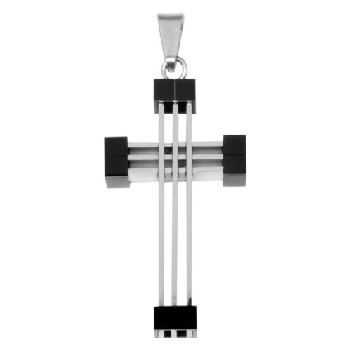 Ciondolo a croce in acciaio chirurgico 316L argentato su sfondo bianco