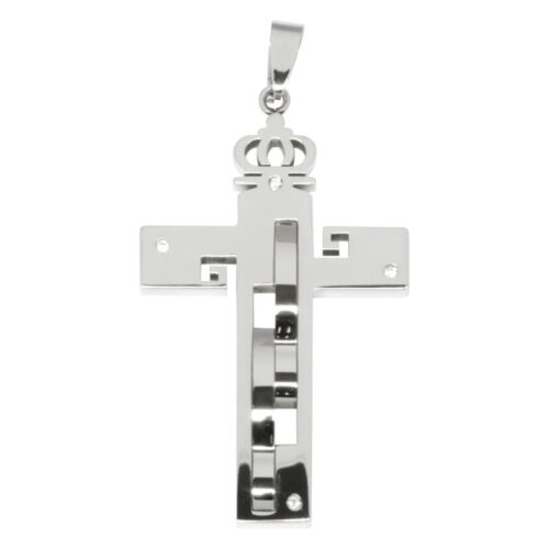 Ciondolo a croce argentato con corona, in acciaio chirurgico lucido 316L, su sfondo bianco