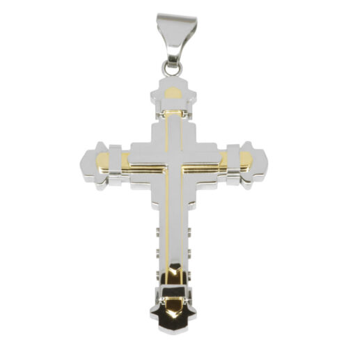 Ciondolo a croce argentato con accenti dorati in acciaio chirurgico 316L