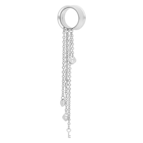 Tunnel d'argento in acciaio chirurgico con lunghe catene e pendenti su sfondo bianco