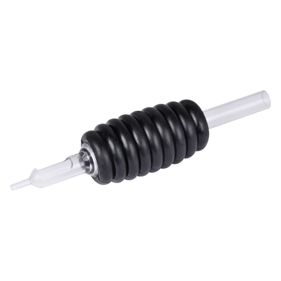 Tubo rotondo in gomma dura nera con 1 ago Tubo rotondo in gomma dura nera con punta trasparente, su sfondo bianco