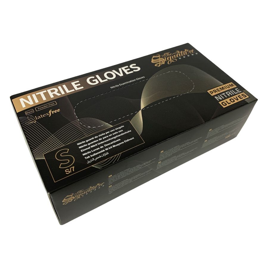 Confezione nera di guanti in nitrile con scritta dorata su sfondo bianco