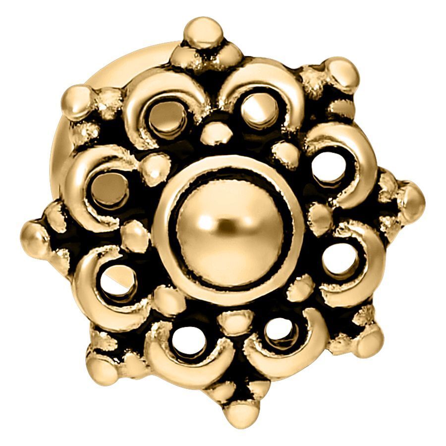 Mandala Labret dorato in acciaio chirurgico 316L su sfondo bianco