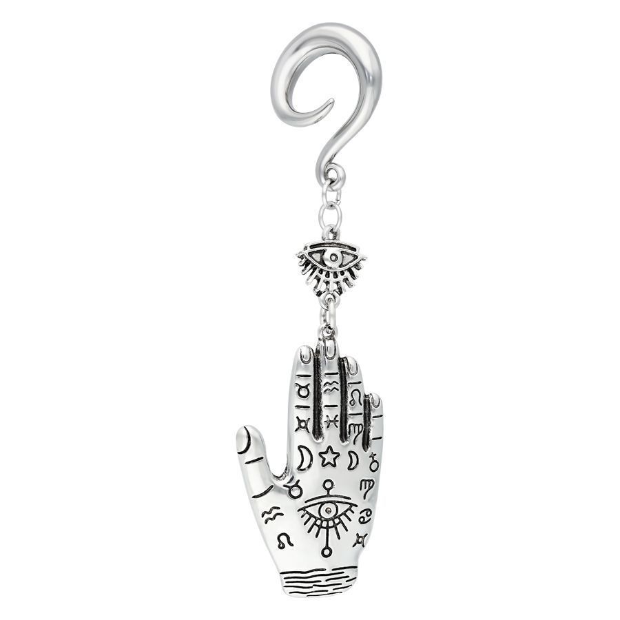 Orecchino a Pesa Mano di Hamsa in argento con simboli decorati su sfondo bianco