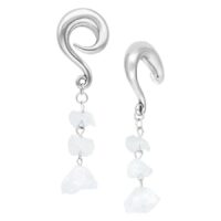 Pesi per orecchie in acciaio chirurgico argento con pietre pendenti su sfondo bianco