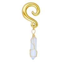 Orecchini in Opalite dorati con design a mezzaluna Orecchino dorato a forma di mezzaluna con pietra opalite pendente su sfondo bianco