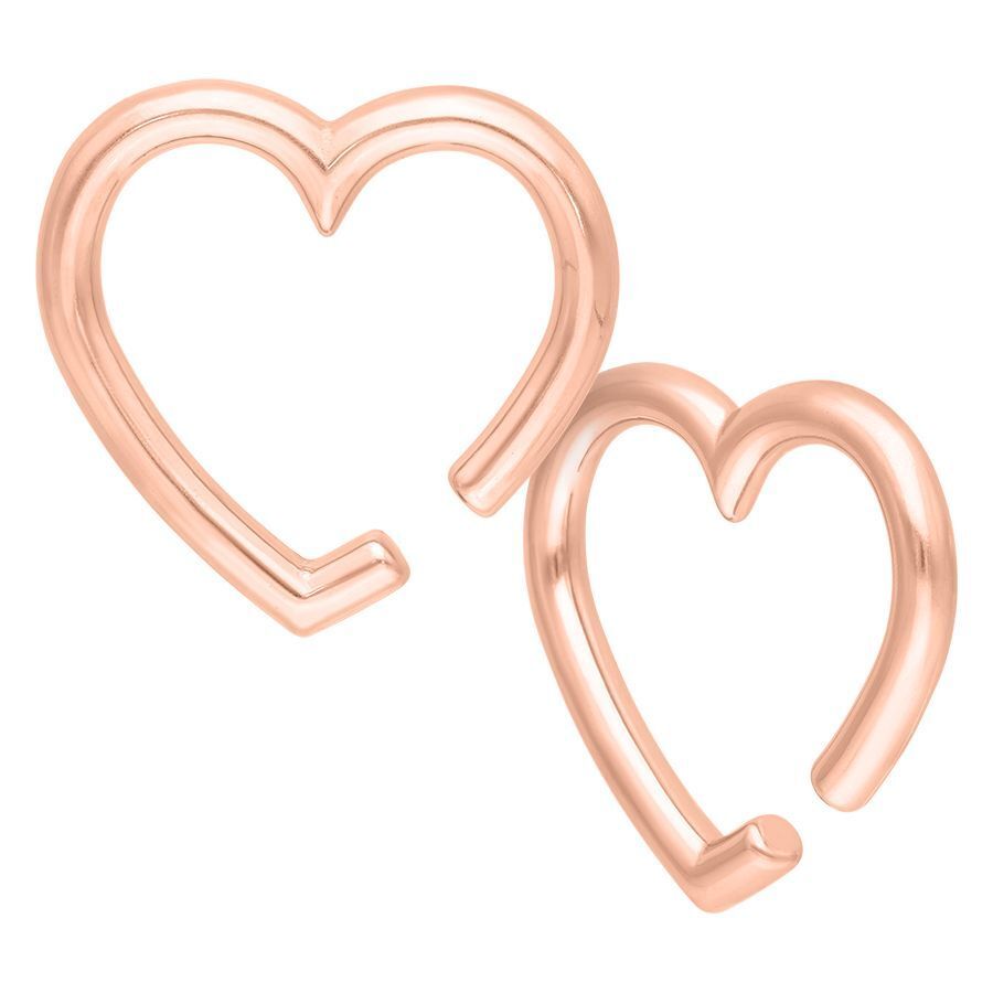 Due pesi per orecchie a forma di cuore in oro rosa su sfondo bianco