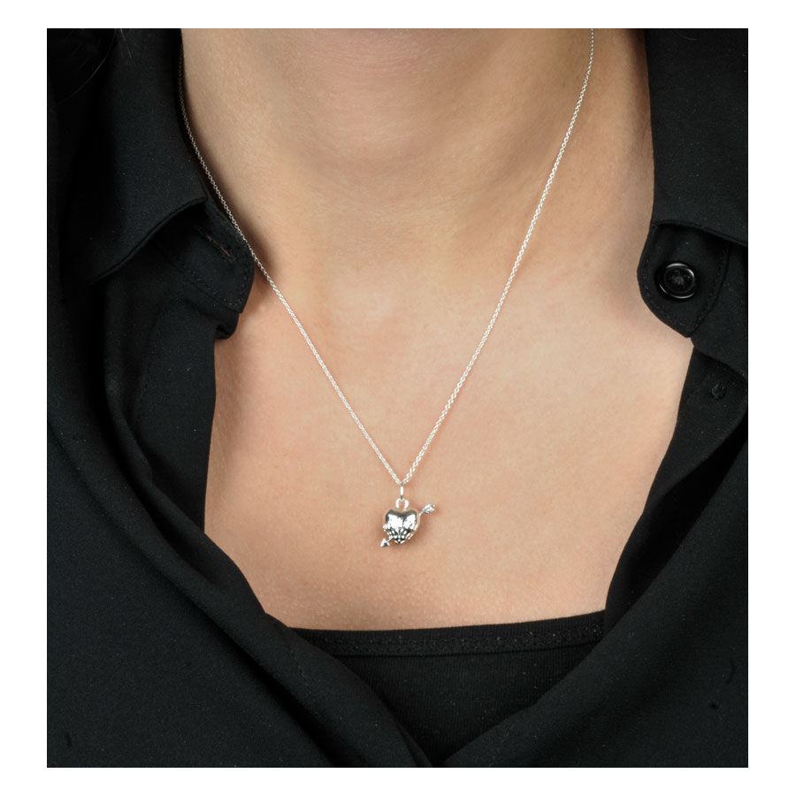 Collana Cuore d'Argento con Freccia di Wildcat Ciondolo d'argento a forma di cuore con freccia, indossato su una catena su sfondo nero
