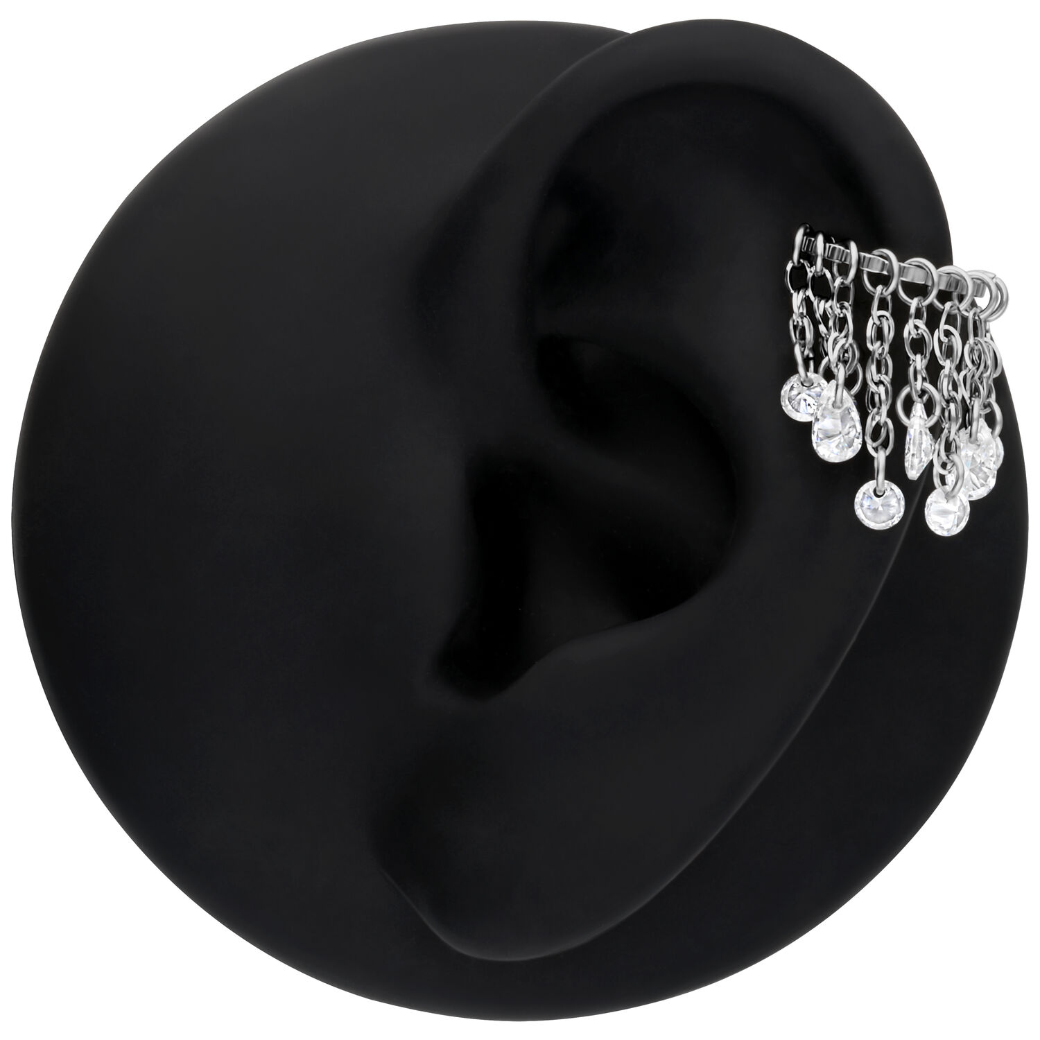 Anello piercing argento con cristalli chiari su orecchio artificiale