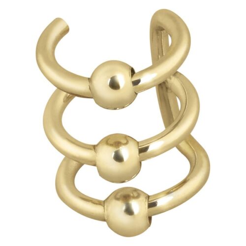 Triplo orecchino in oro con sfere in acciaio chirurgico su sfondo bianco