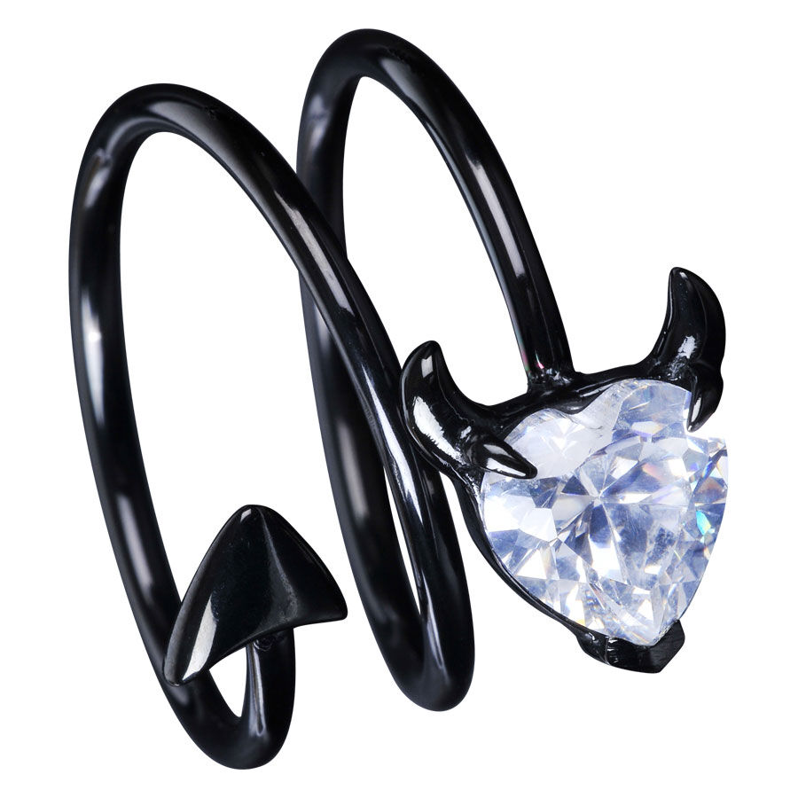Anello Cuore Diavolo in Cristallo Chiaro, Taglia 48 Anello nero in acciaio chirurgico con cuore cristallo chiaro e corna di diavolo
