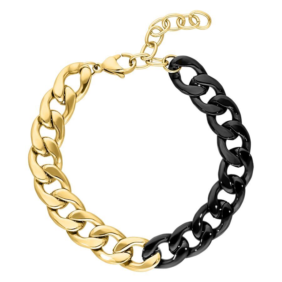 Bracciale bicolore in acciaio chirurgico dorato e nero, su sfondo bianco